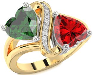 Diamond Emerald Platinum & Yellow Gold Two Heart Birthstone Ring