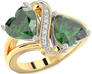 Diamond Emerald Platinum & Yellow Gold Two Heart Birthstone Ring