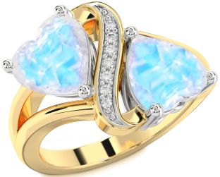 Diamond Moonstone Gold Silver Two Heart Ring