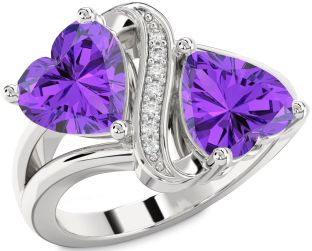 Diamond Emerald Silver Two Heart Birthstone Ring