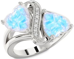 Diamond Emerald Silver Two Heart Birthstone Ring