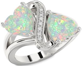 Diamond Emerald Silver Two Heart Birthstone Ring