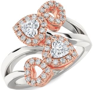 Diamond Silver & 10K Rose Gold Two Heart Ring
