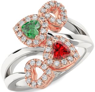 Diamond Emerald Silver & 10K Rose Gold Two Heart Birthstone Ring