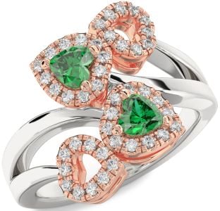 Diamond Emerald White Rose Gold Two Heart Birthstone Ring