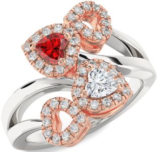 Diamond Emerald Silver & 10K Rose Gold Two Heart Birthstone Ring