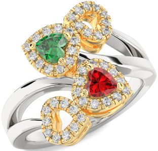 Diamond Emerald Silver & 10K gold Two Heart Birthstone Ring