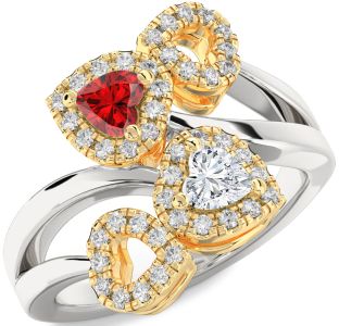 Diamond Emerald Silver & 10K gold Two Heart Birthstone Ring