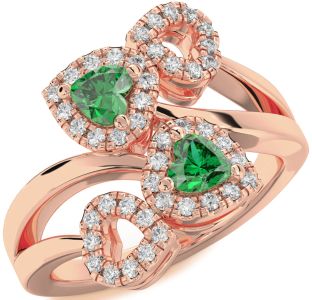 Diamond Emerald Rose Gold Two Heart Birthstone Ring