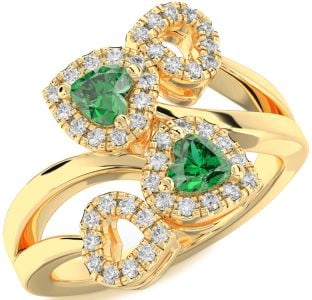 Diamond Emerald Gold Two Heart Birthstone Ring