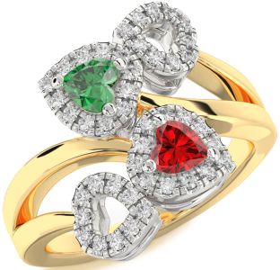 Diamond Emerald Platinum & Yellow Gold Two Heart Birthstone Ring