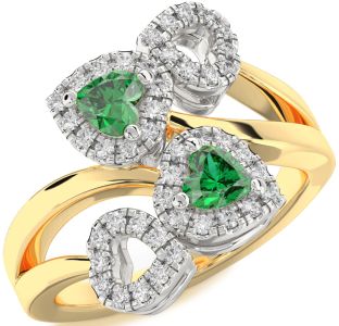Diamond Emerald Platinum & Yellow Gold Two Heart Birthstone Ring