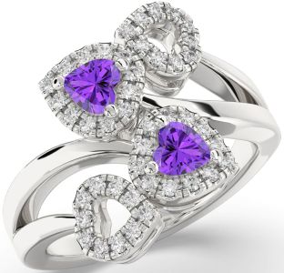 Diamond Emerald Silver Two Heart Birthstone Ring