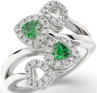 Diamond Emerald Silver Two Heart Birthstone Ring