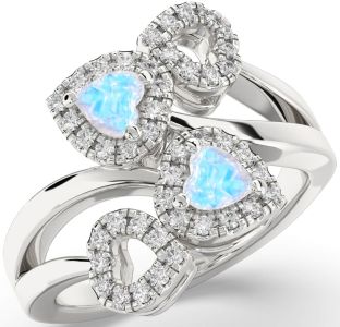 Diamond Emerald Silver Two Heart Birthstone Ring