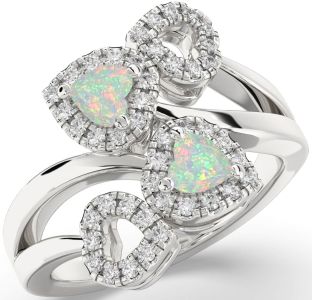 Diamond Emerald Silver Two Heart Birthstone Ring