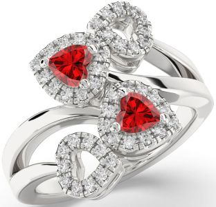 Diamond Emerald Silver Two Heart Birthstone Ring