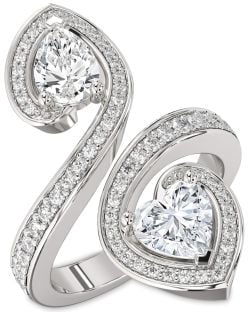 Large Diamond Silver Heart Two Stone Ring