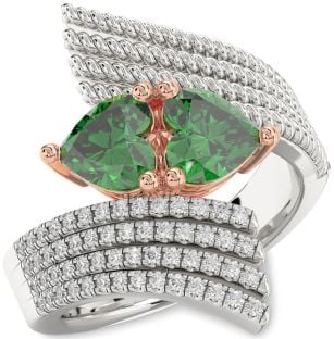 Diamond Emerald White Rose Gold Two Heart Birthstone Ring