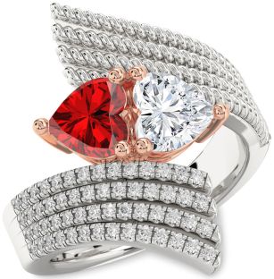 Diamond Emerald Silver & 10K Rose Gold Two Heart Birthstone Ring