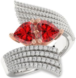 Diamond Emerald Silver & 10K Rose Gold Two Heart Birthstone Ring