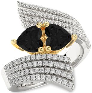Black Diamond Gold Silver Two Heart Ring