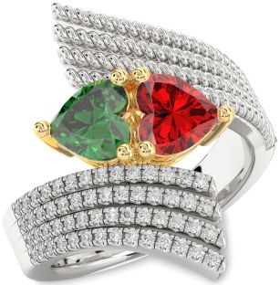 Diamond Emerald Silver & 10K gold Two Heart Birthstone Ring
