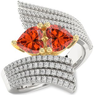 Diamond Fire Opal Gold Silver Two Heart Ring