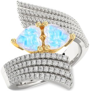 Diamond Moonstone Gold Silver Two Heart Ring