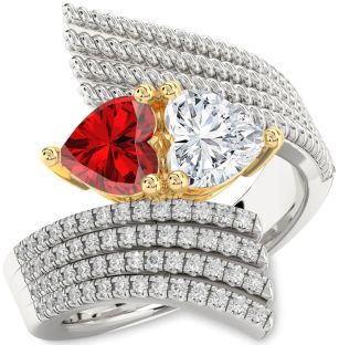 Diamond Emerald Silver & 10K gold Two Heart Birthstone Ring