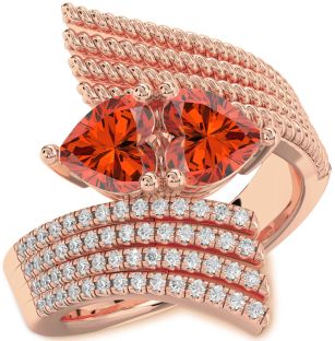 Diamond Fire Opal Rose Gold Silver Two Heart Ring