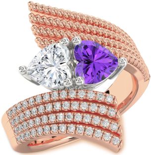Diamond Rose Gold Silver Two Heart Promise Ring