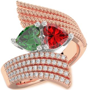 Diamond Emerald Platinum & Rose Gold Two Heart Birthstone Ring