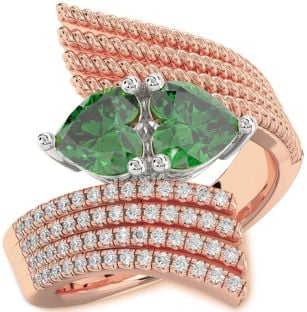 Diamond Emerald Platinum & Rose Gold Two Heart Birthstone Ring