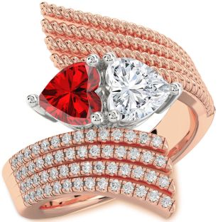 Diamond Emerald Platinum & Rose Gold Two Heart Birthstone Ring