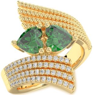 Diamond Emerald Gold Two Heart Birthstone Ring