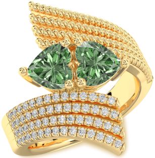 Green Diamond Gold Silver Two Heart Ring