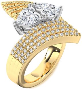 Diamond White Yellow Gold Two Heart Ring