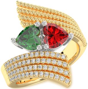 Diamond Emerald Platinum & Yellow Gold Two Heart Birthstone Ring