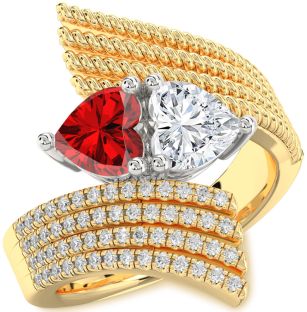 Diamond Emerald Platinum & Yellow Gold Two Heart Birthstone Ring