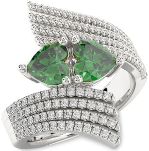 Diamond Emerald Silver Two Heart Birthstone Ring