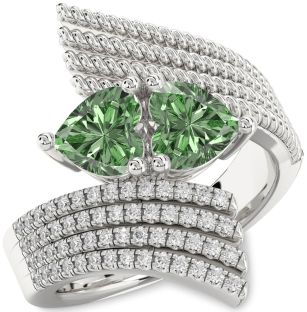 Green Diamond Silver Two Heart Ring