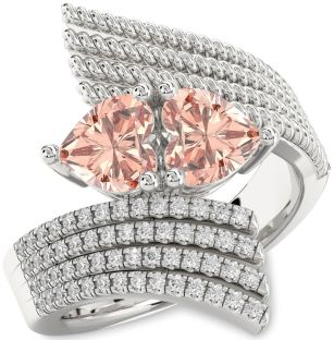 Diamond Morganite Silver Two Heart Ring
