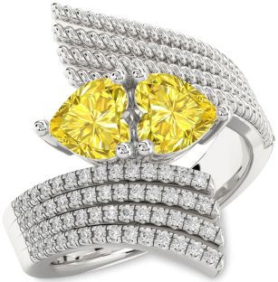 Yellow Diamond Silver Two Heart Ring