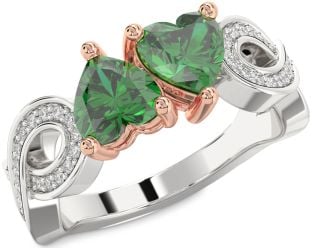 Diamond Emerald Platinum & Rose Gold Infinity Two Heart Birthstone Ring
