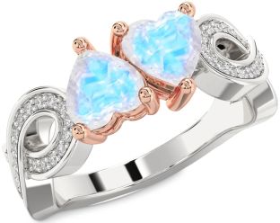 Diamond Emerald Platinum & Rose Gold Infinity Two Heart Birthstone Ring