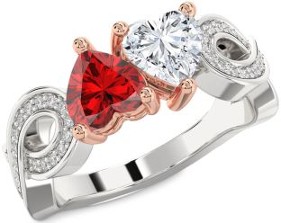 Diamond Emerald Platinum & Rose Gold Infinity Two Heart Birthstone Ring