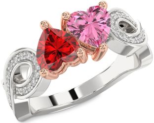 Diamond Emerald Platinum & Rose Gold Infinity Two Heart Birthstone Ring