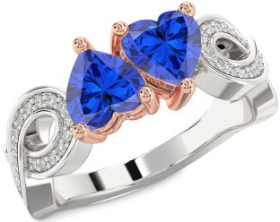 Diamond Emerald Platinum & Rose Gold Infinity Two Heart Birthstone Ring