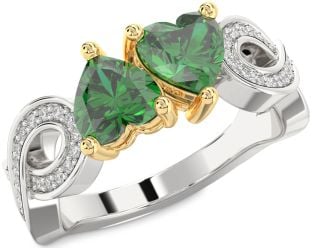 Diamond Emerald Platinum & Yellow Gold Infinity Two Heart Birthstone Ring